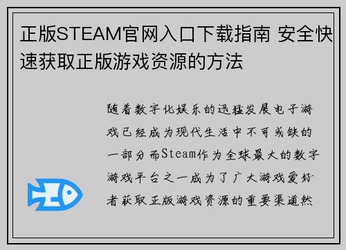正版STEAM官网入口下载指南 安全快速获取正版游戏资源的方法